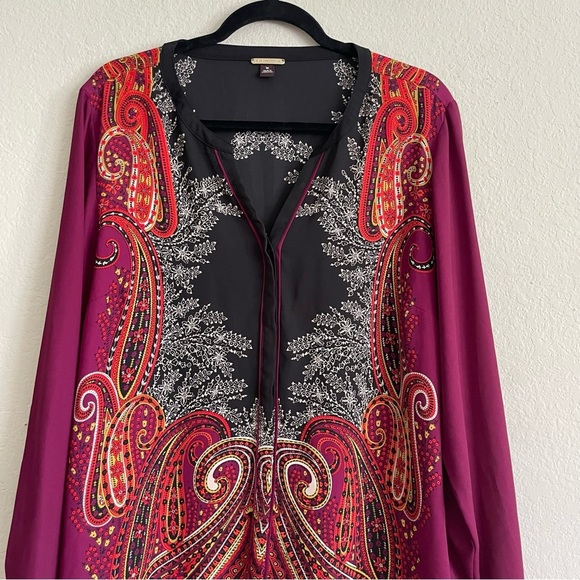 Dana Buchman Red and plum Graphic button-down Blouse size 16 semi sheer office - Picture 2 of 8